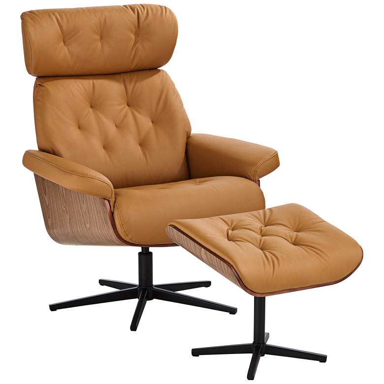 Image 3 Melia Cognac Tan Tufted Faux Leather Swivel Recliner and Slanted Ottoman