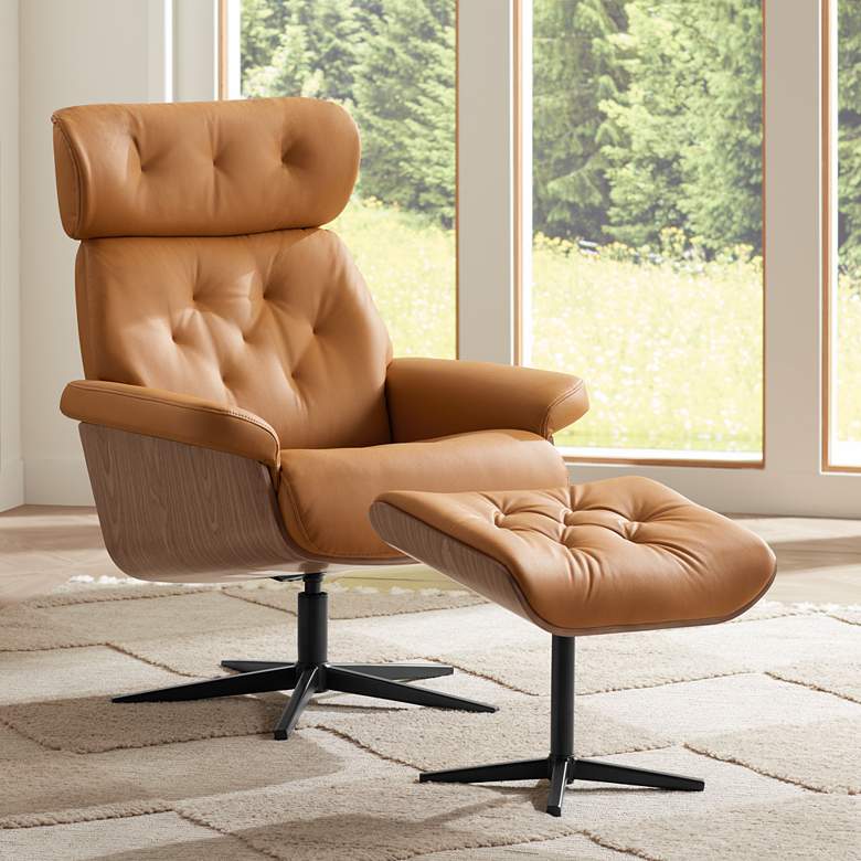 Image 2 Melia Cognac Tan Tufted Faux Leather Swivel Recliner and Slanted Ottoman