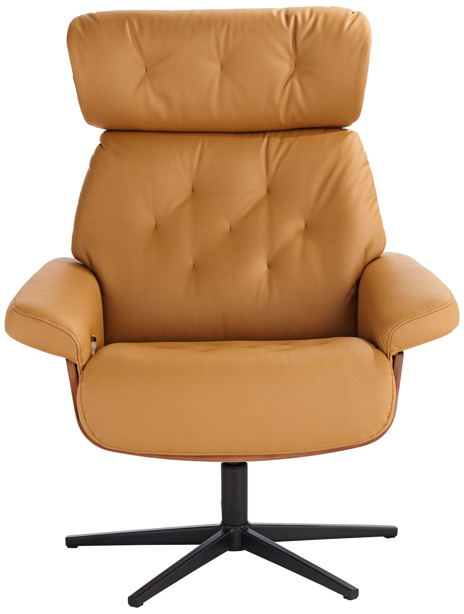 Melia Cognac Tan Tufted Faux Leather Swivel Recliner and Slanted Ottoman in scene