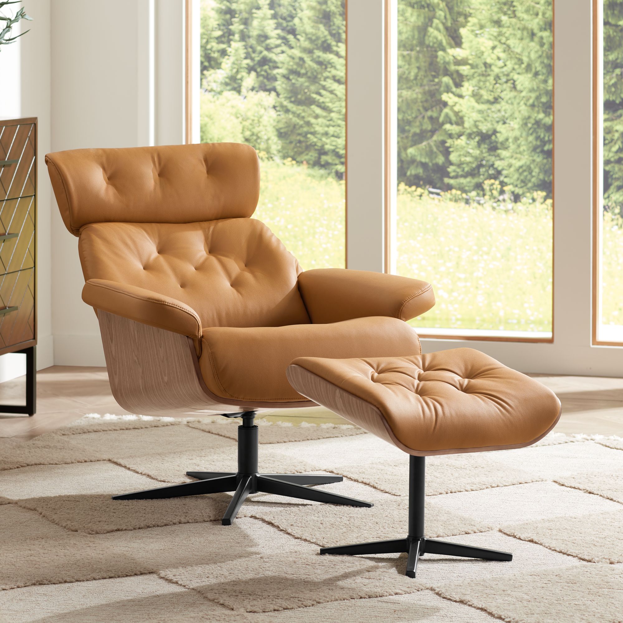 Melia Cognac Tan Tufted Faux Leather Swivel Recliner and Slanted Ottoman in scene