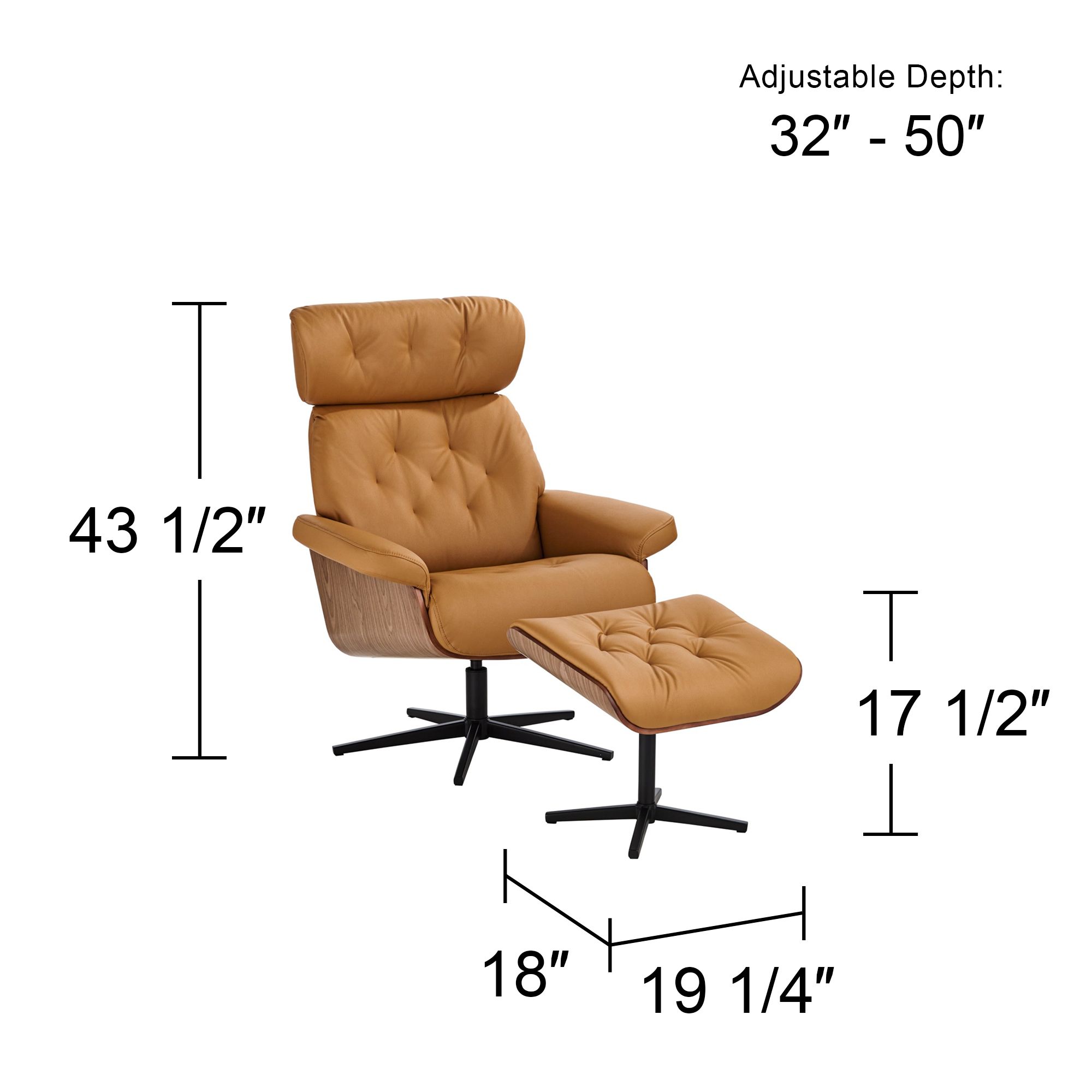 Melia Cognac Tan Tufted Faux Leather Swivel Recliner and Slanted Ottoman in scene