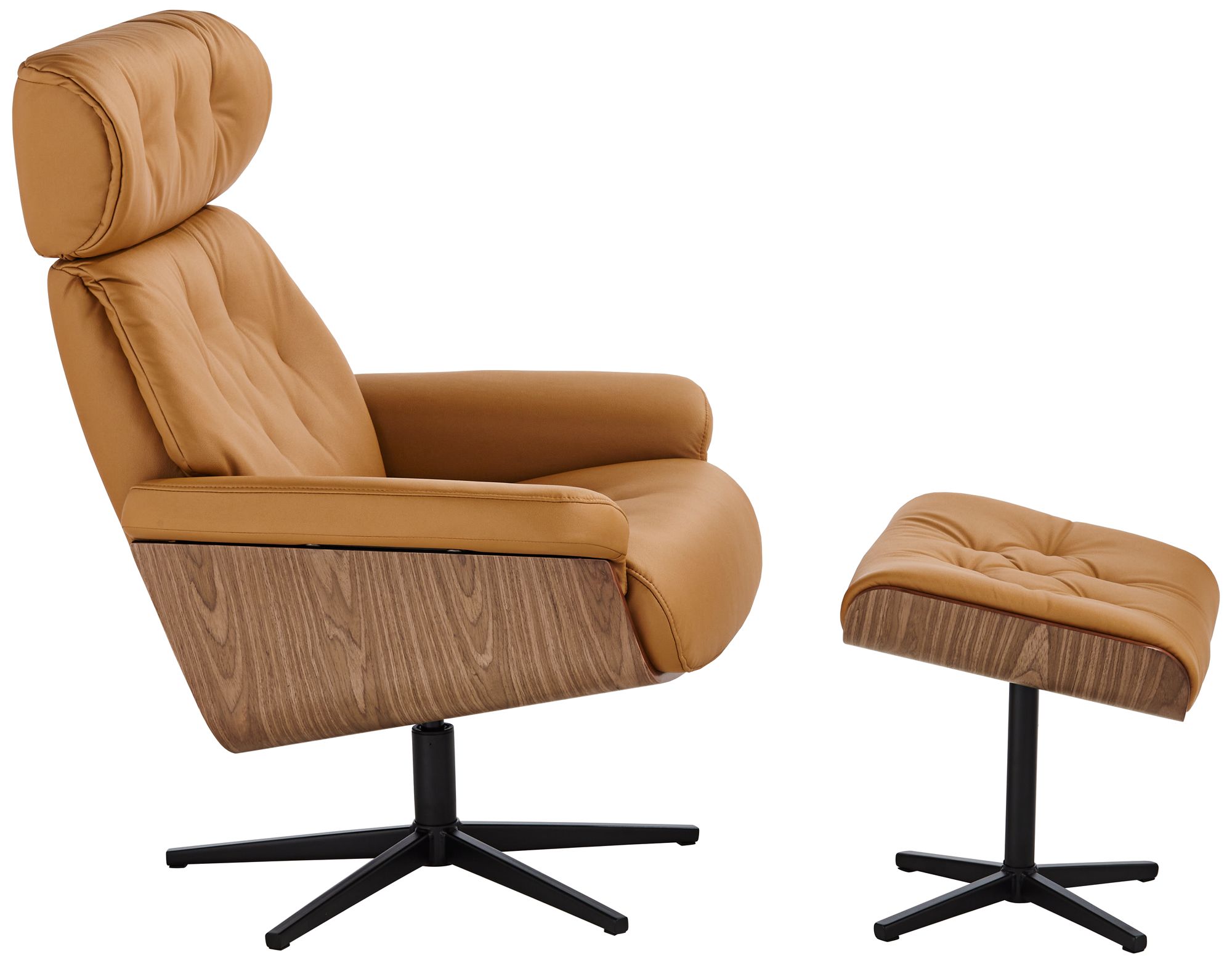 Melia Cognac Tan Tufted Faux Leather Swivel Recliner and Slanted Ottoman in scene