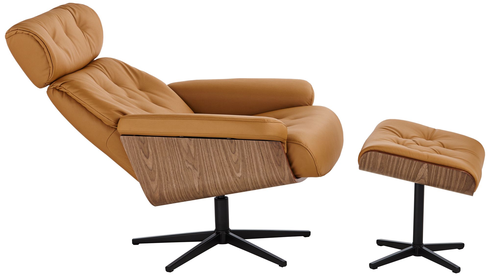 Melia Cognac Tan Tufted Faux Leather Swivel Recliner and Slanted Ottoman in scene