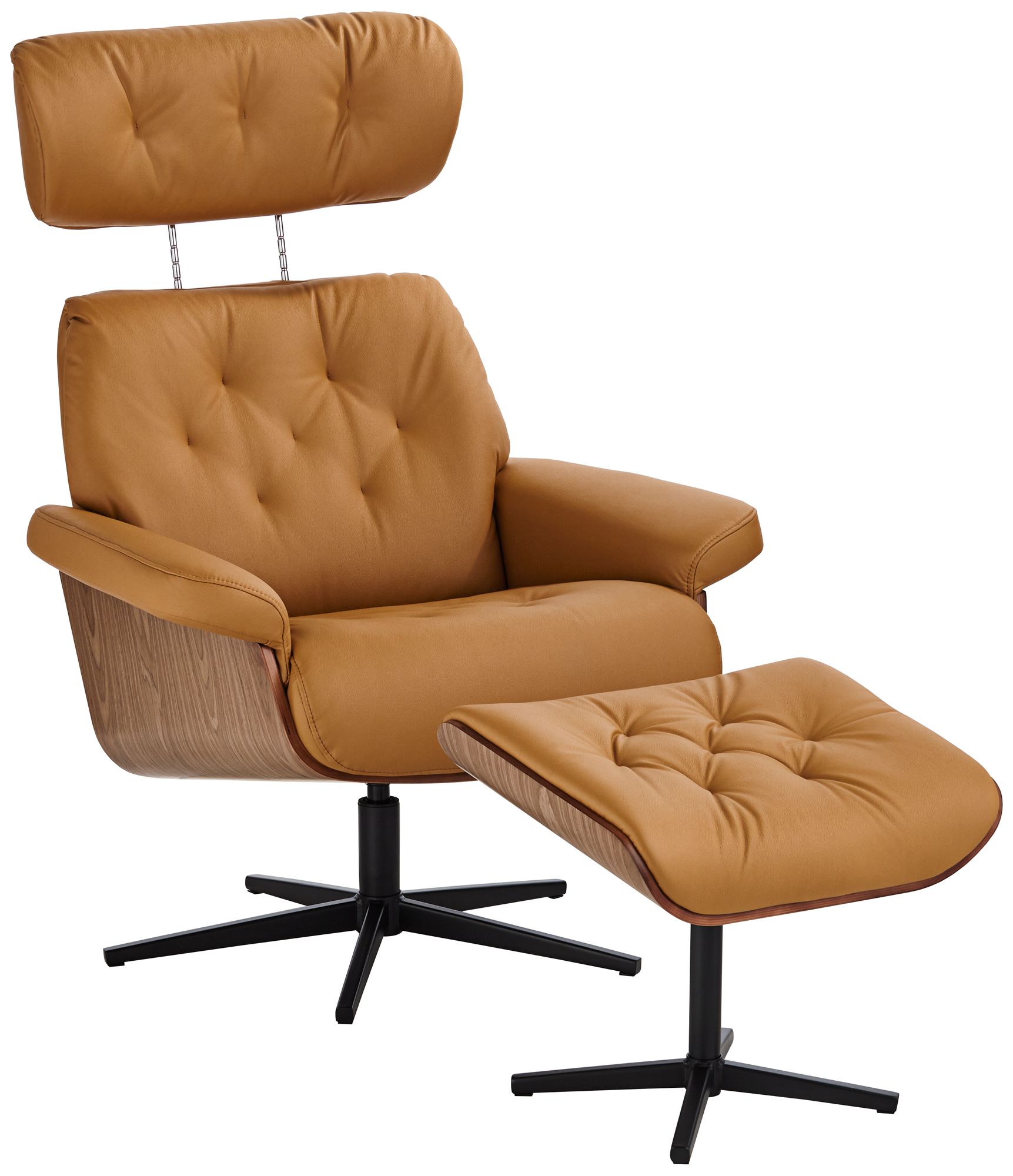 Melia Cognac Tan Tufted Faux Leather Swivel Recliner and Slanted Ottoman in scene