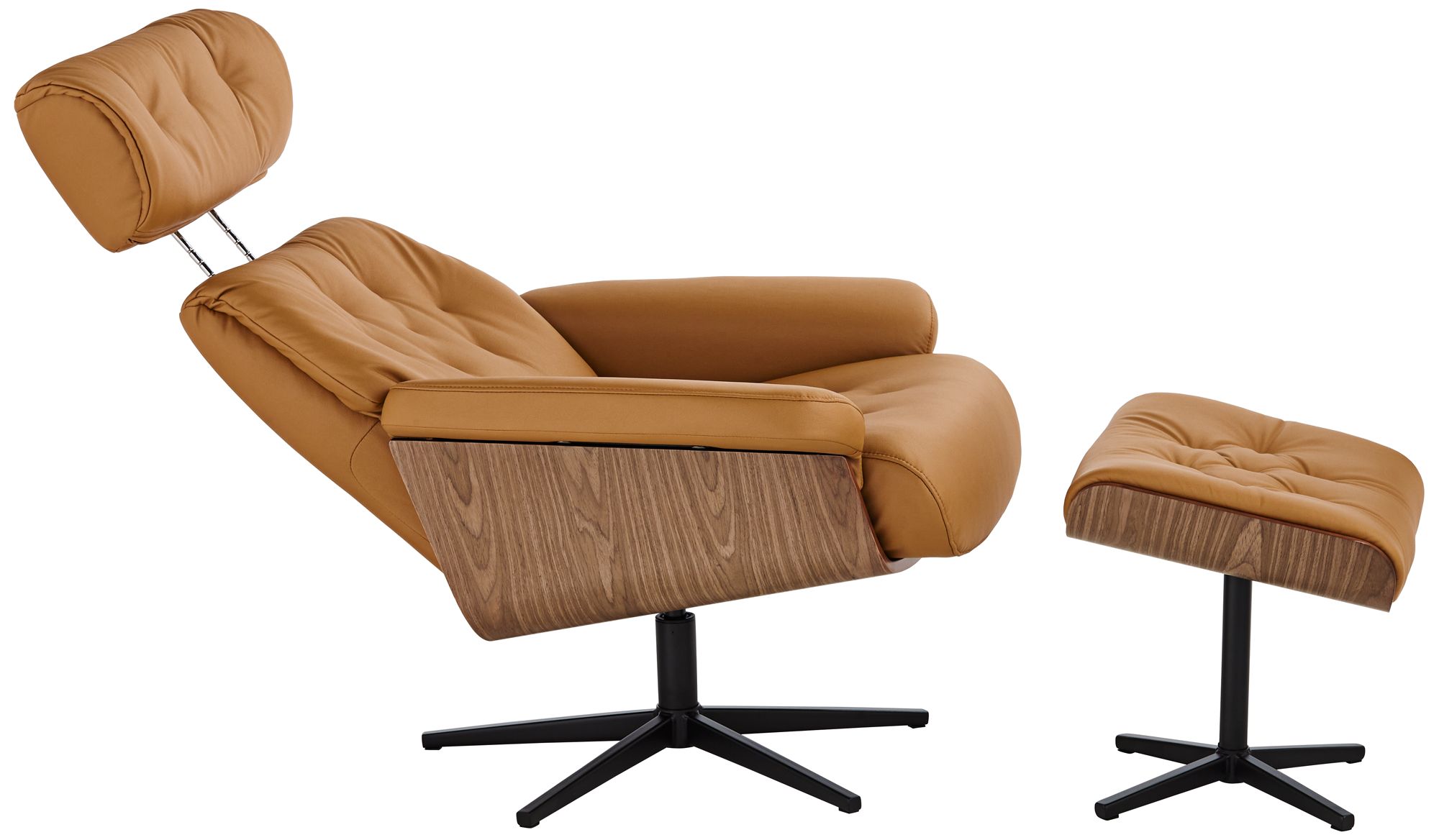 Melia Cognac Tan Tufted Faux Leather Swivel Recliner and Slanted Ottoman in scene