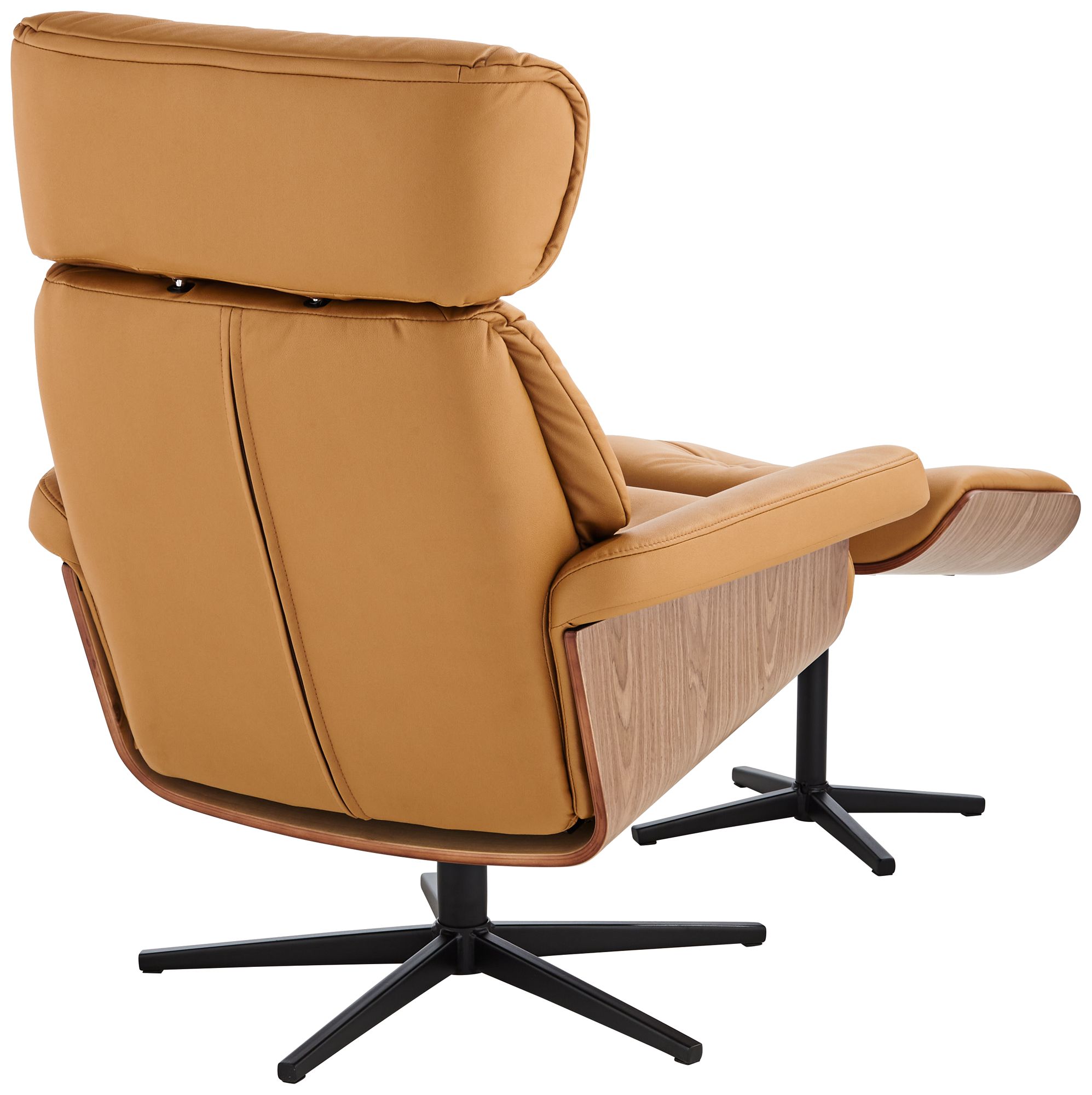 Melia Cognac Tan Tufted Faux Leather Swivel Recliner and Slanted Ottoman in scene