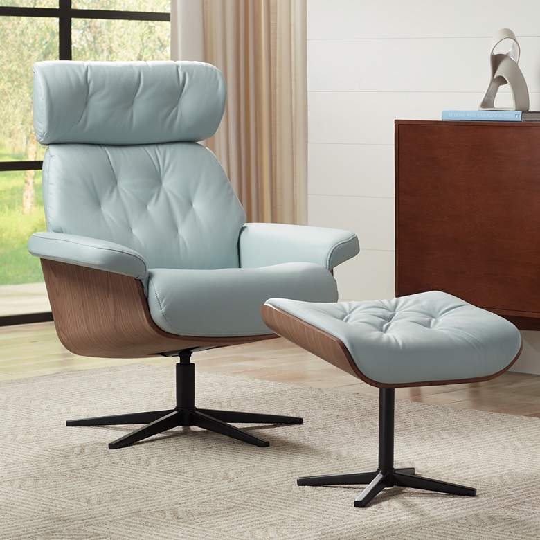 Image 1 Melia Sky Blue Adjustable Swivel Recliner and Ottoman