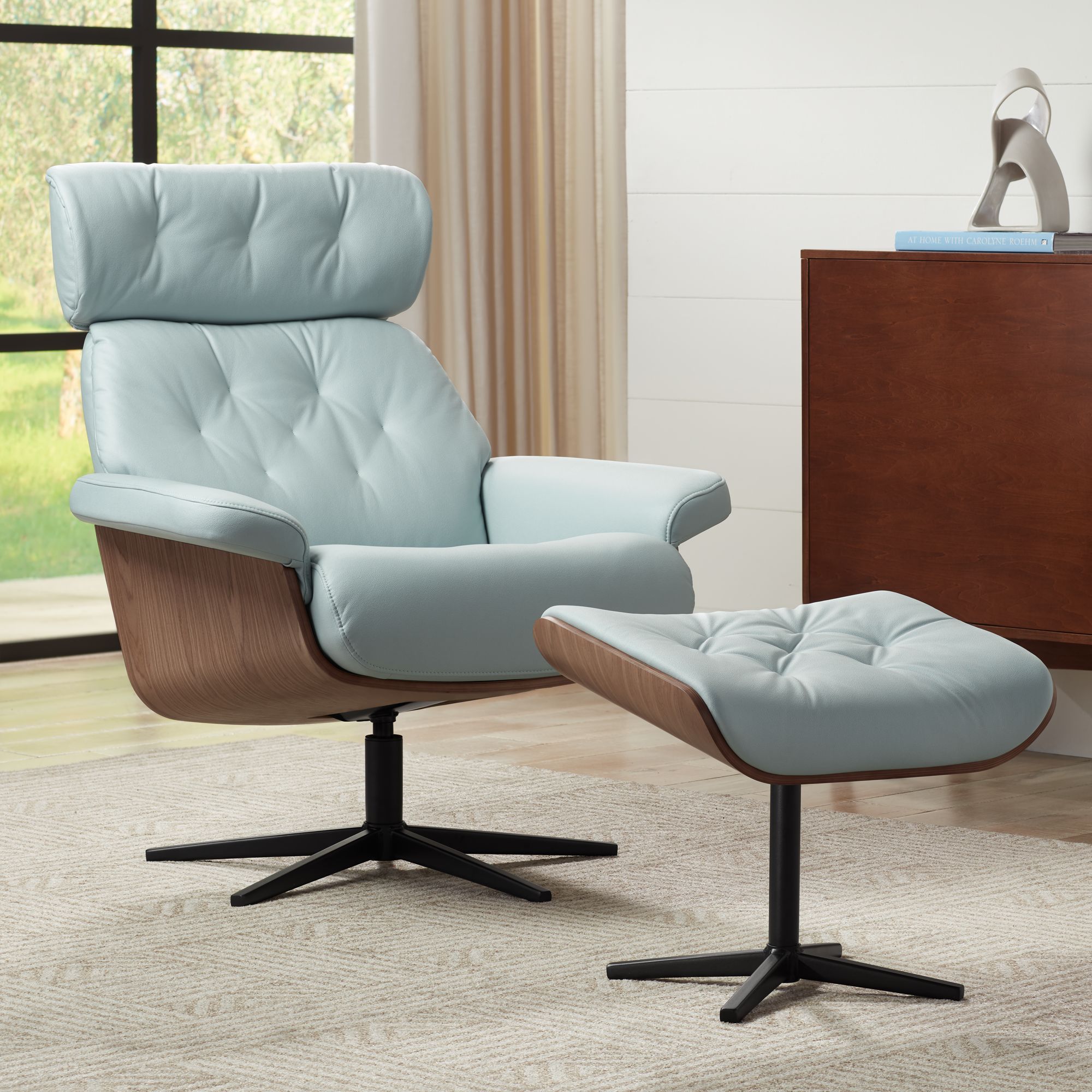 Melia Sky Blue Adjustable Swivel Recliner and Ottoman
