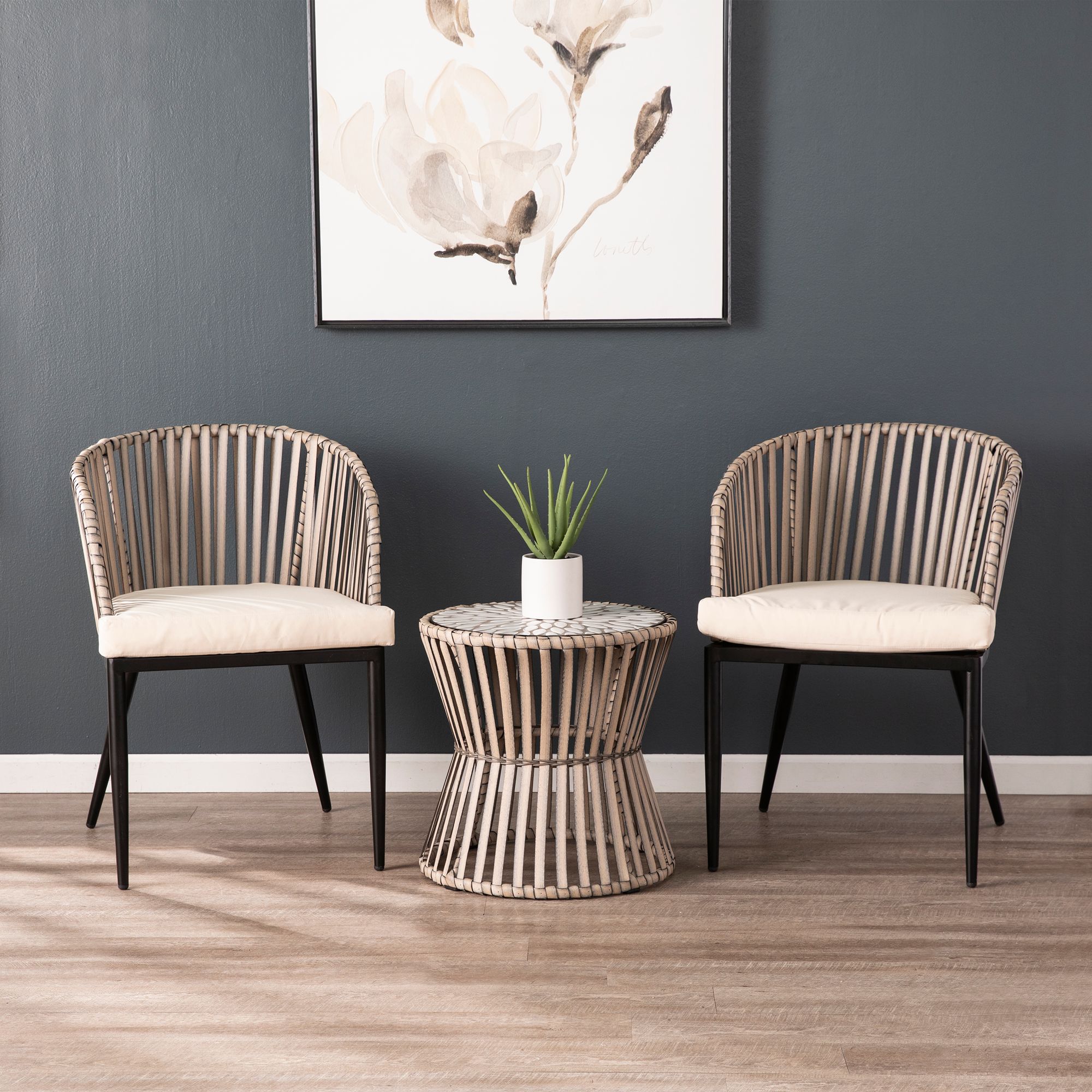 two grey accent chairs