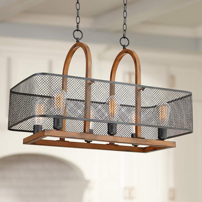 Image 1 Melo 30 1/4"W Wood and Black Kitchen Island Light Chandelier
