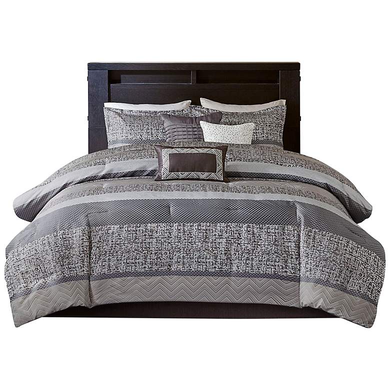 Image 2 Melody Gray Taupe Striped 7-Piece Queen Comforter Bed Set