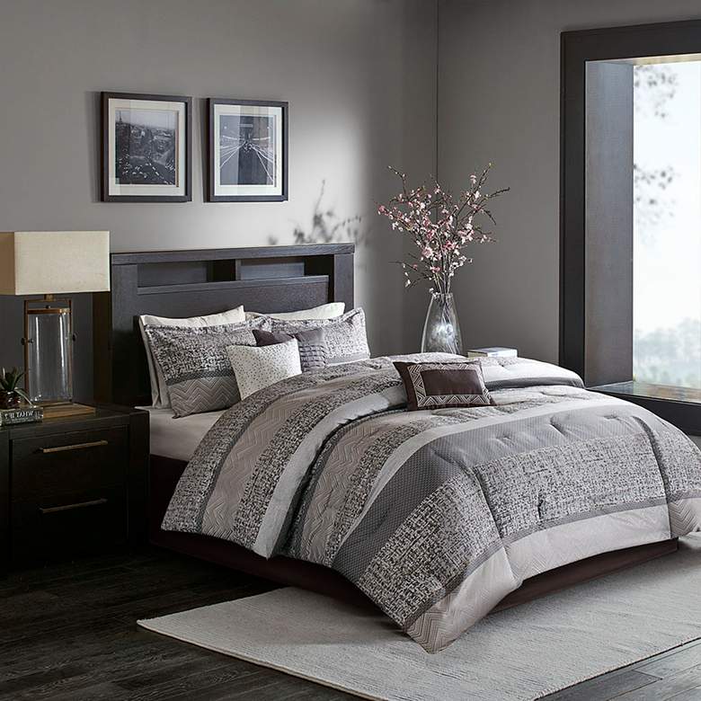 Image 1 Melody Gray Taupe Striped 7-Piece Queen Comforter Bed Set