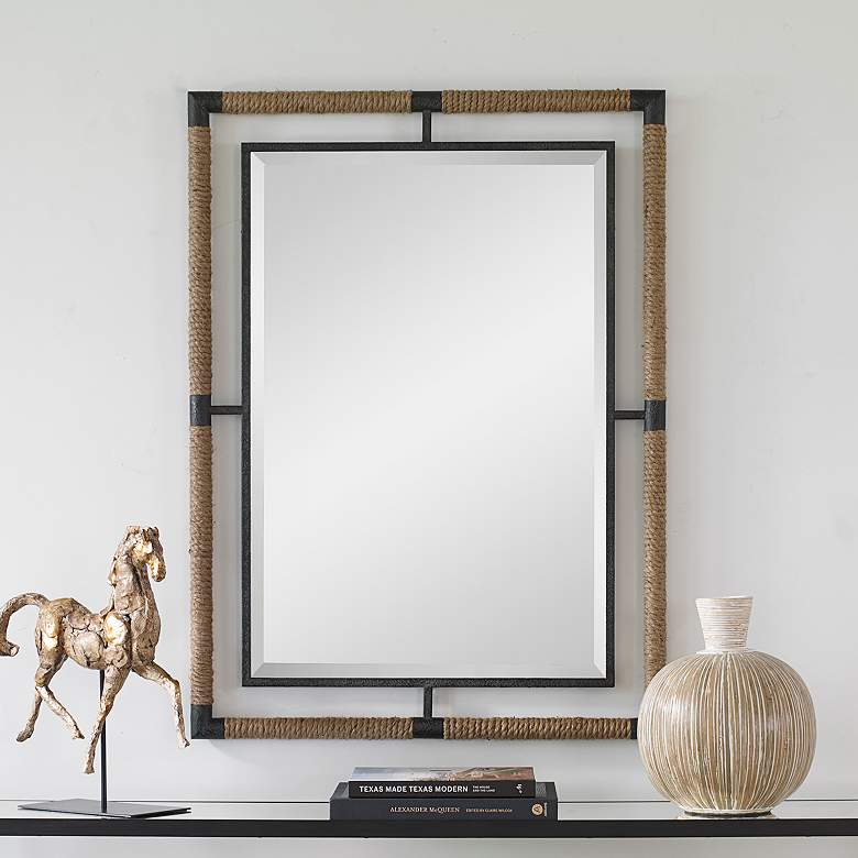Image 1 Melville Rust Black Iron Natural Rope 28" x 38" Wall Mirror