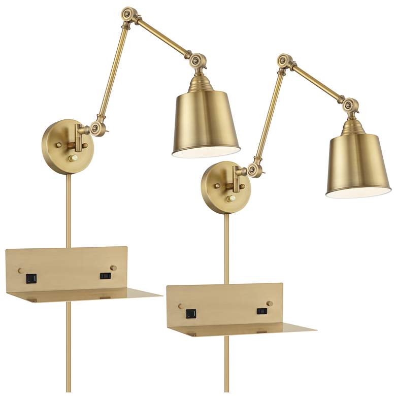Image 1 Mendes Brass Swing Arm Plug-In Wall Lamps Set of 2 with USB-Outlet Shelf