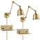 Mendes Brass Swing Arm Plug-In Wall Lamps Set of 2 with USB-Outlet Shelf