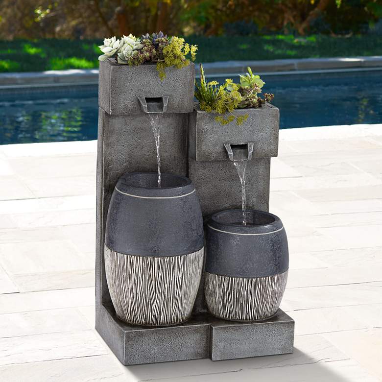 Image 2 Mendit 29 inch High Gray Stone 2-Jar Outdoor LED Floor Fountain