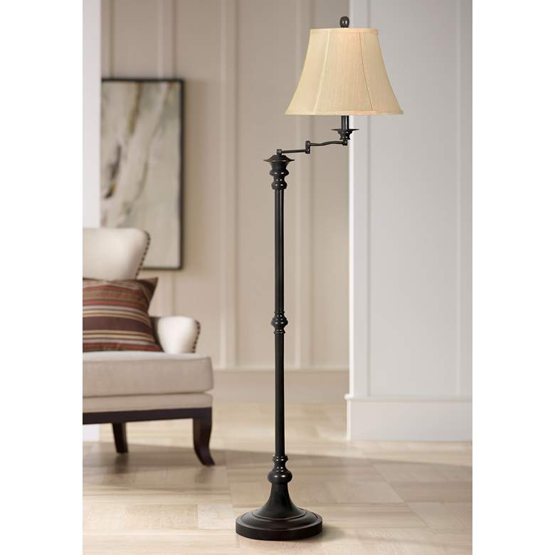 Image 1 Menlo 62" Cream Fabric Shade Bronze Swing Arm Floor Lamp