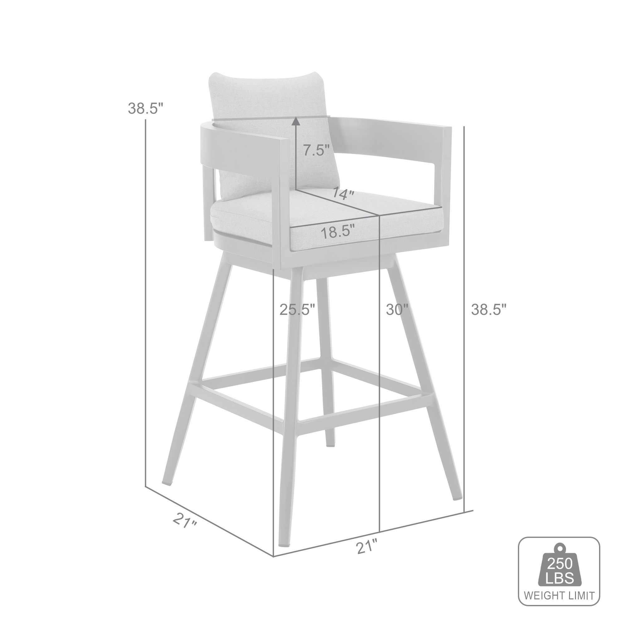 Menorca 30 in. Outdoor Swivel Barstool in Aluminum with Gray Cushions