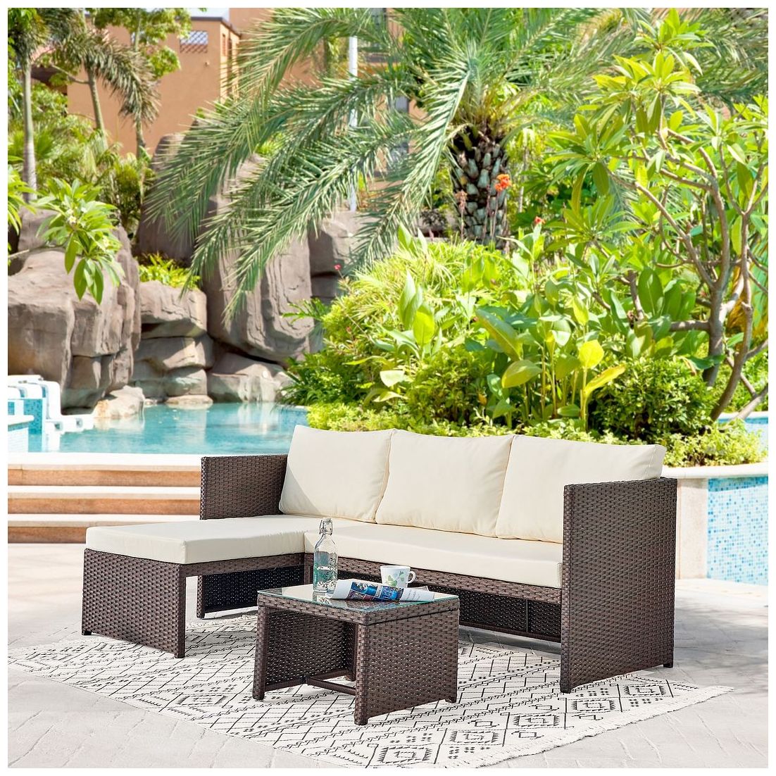Image 2 Menton Patio 2-Seater and Lounge Chair with Coffee Table Cream Cushions more views