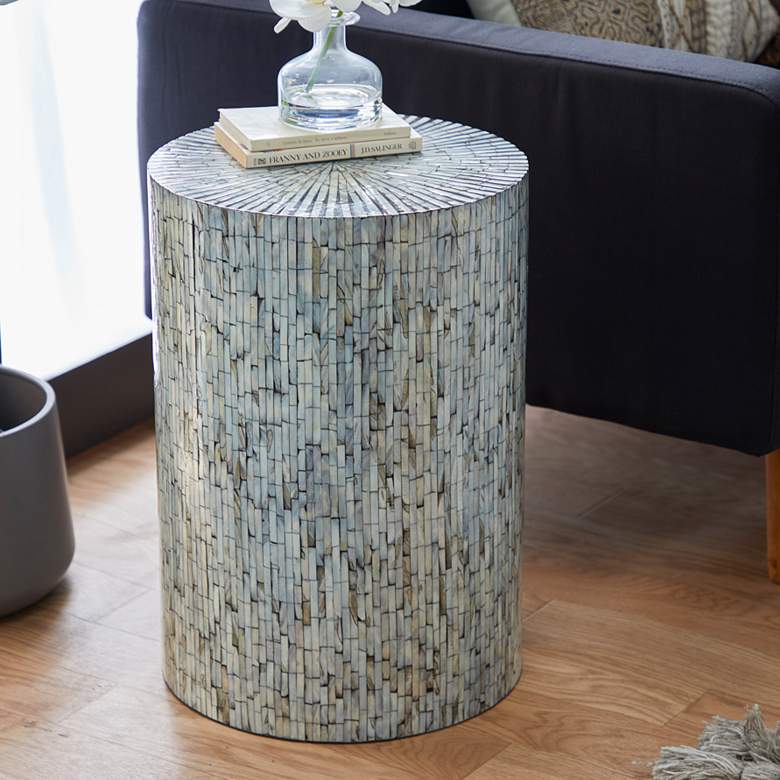Image 1 Mercer 14 inchW Blue White Shell Mosaic Round Accent End Table
