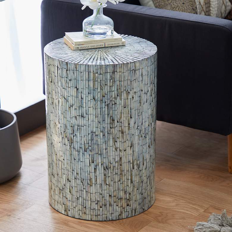 Image 1 Mercer 14"W Blue White Shell Mosaic Round Accent End Table