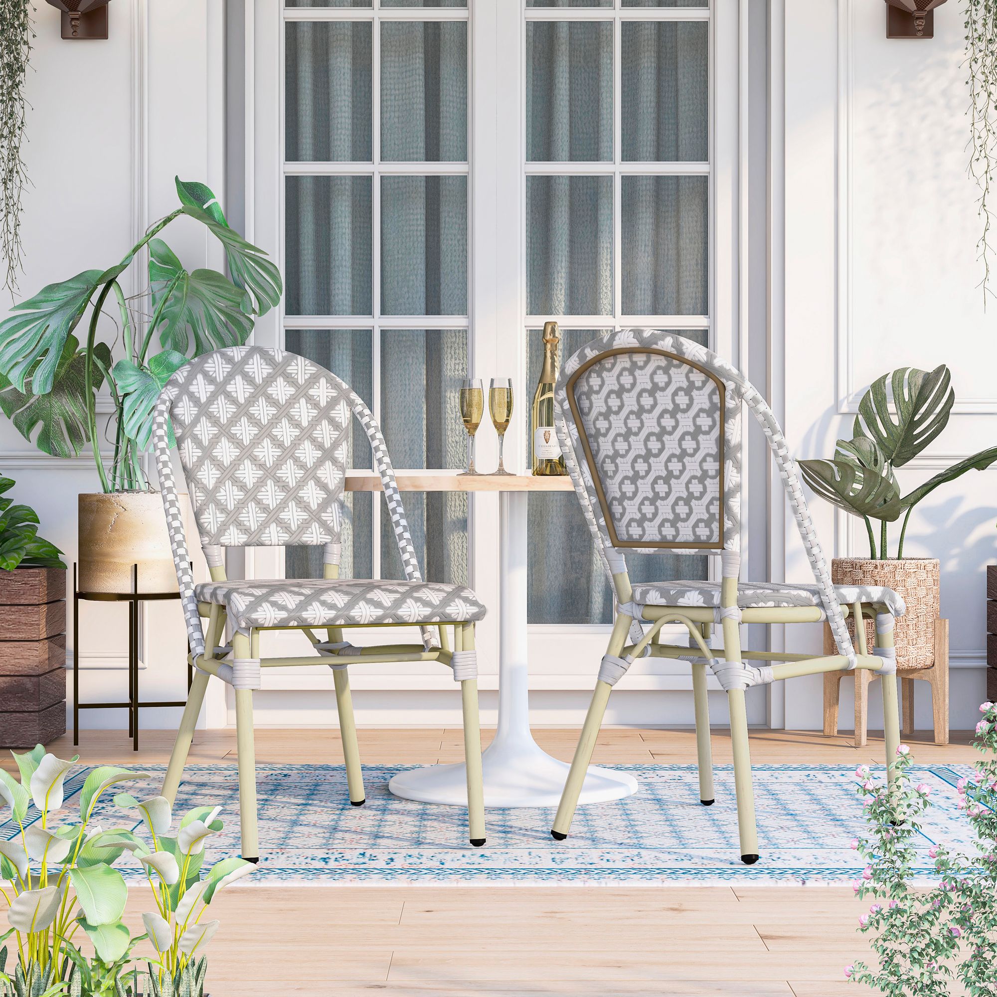 Mergantza Gray White Wicker Patio Dining Chairs Set of 2 in scene