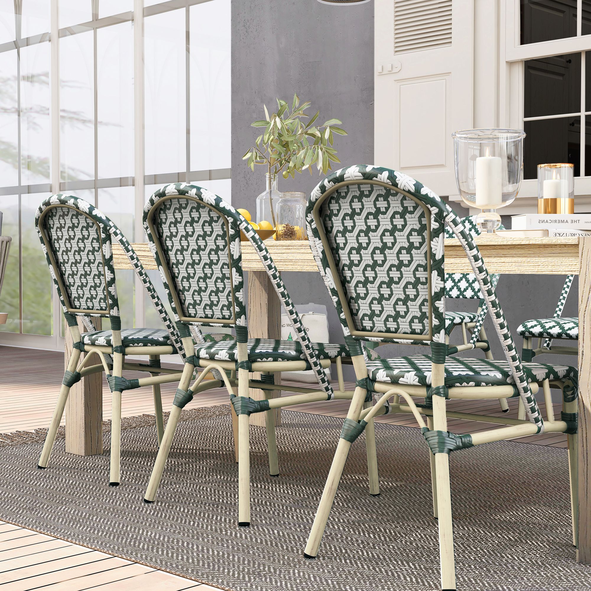Mergantza Green White Wicker Patio Dining Chairs Set of 2 in scene