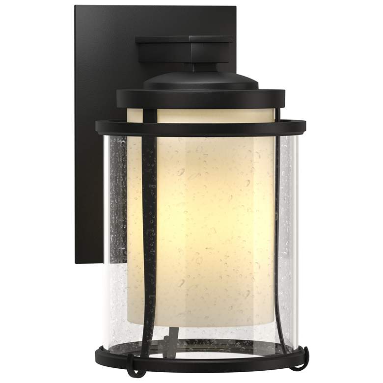 Image 1 Meridian 10.3"H Small Black Outdoor Sconce w/ Opal and Seeded Glass Sh