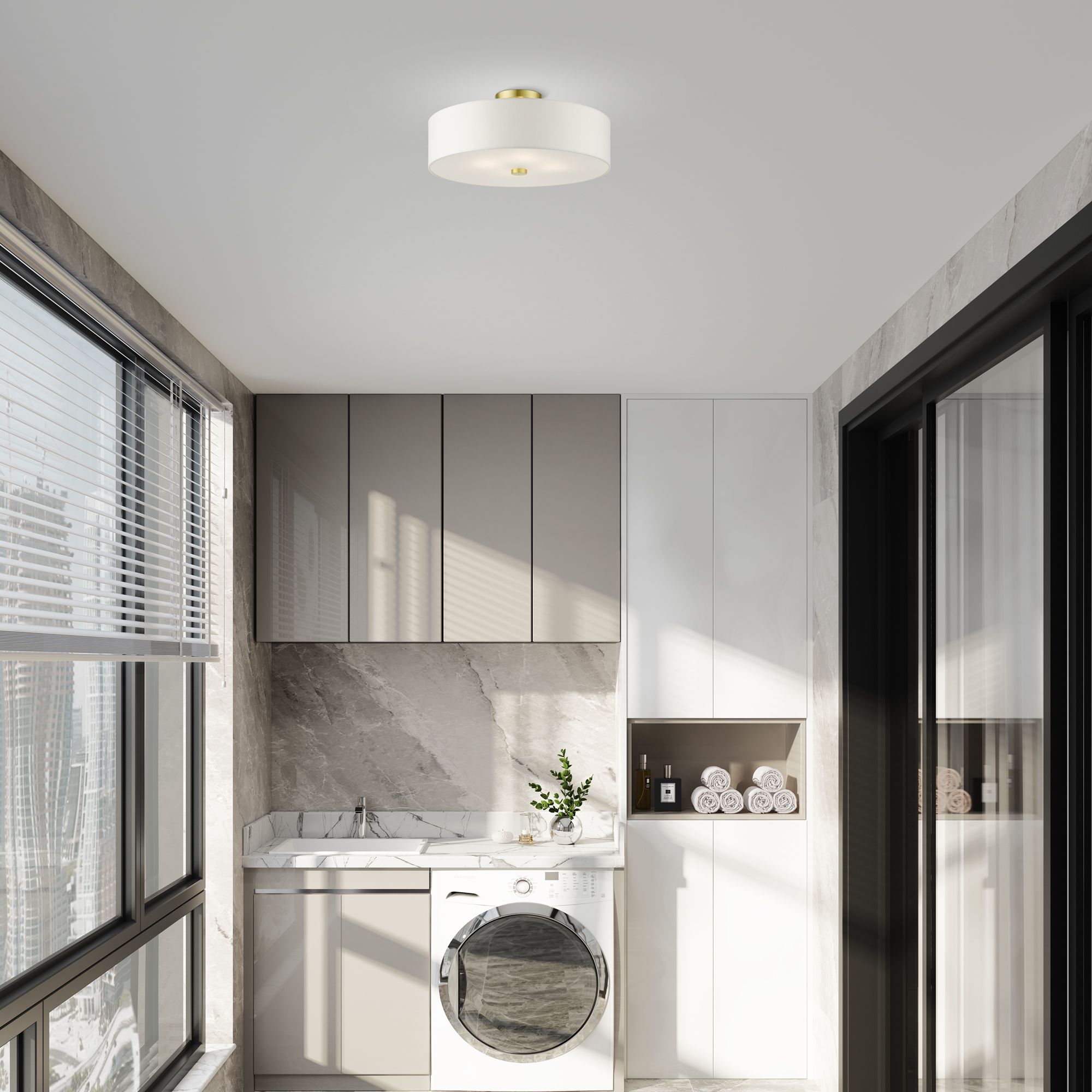 Meridian 18" Wide Satin Brass Drum Ceiling Light in scene