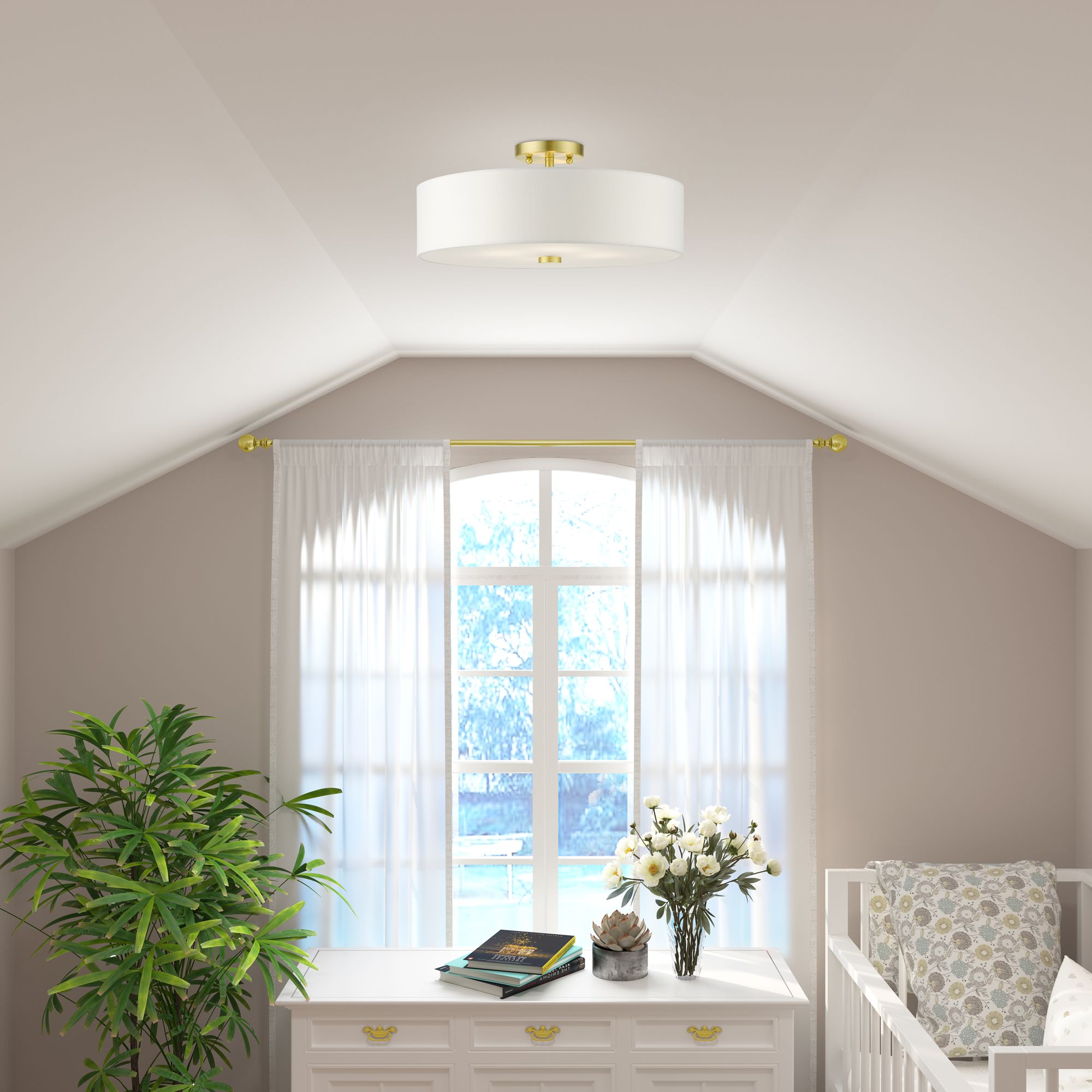 Meridian 18" Wide Satin Brass Drum Ceiling Light in scene
