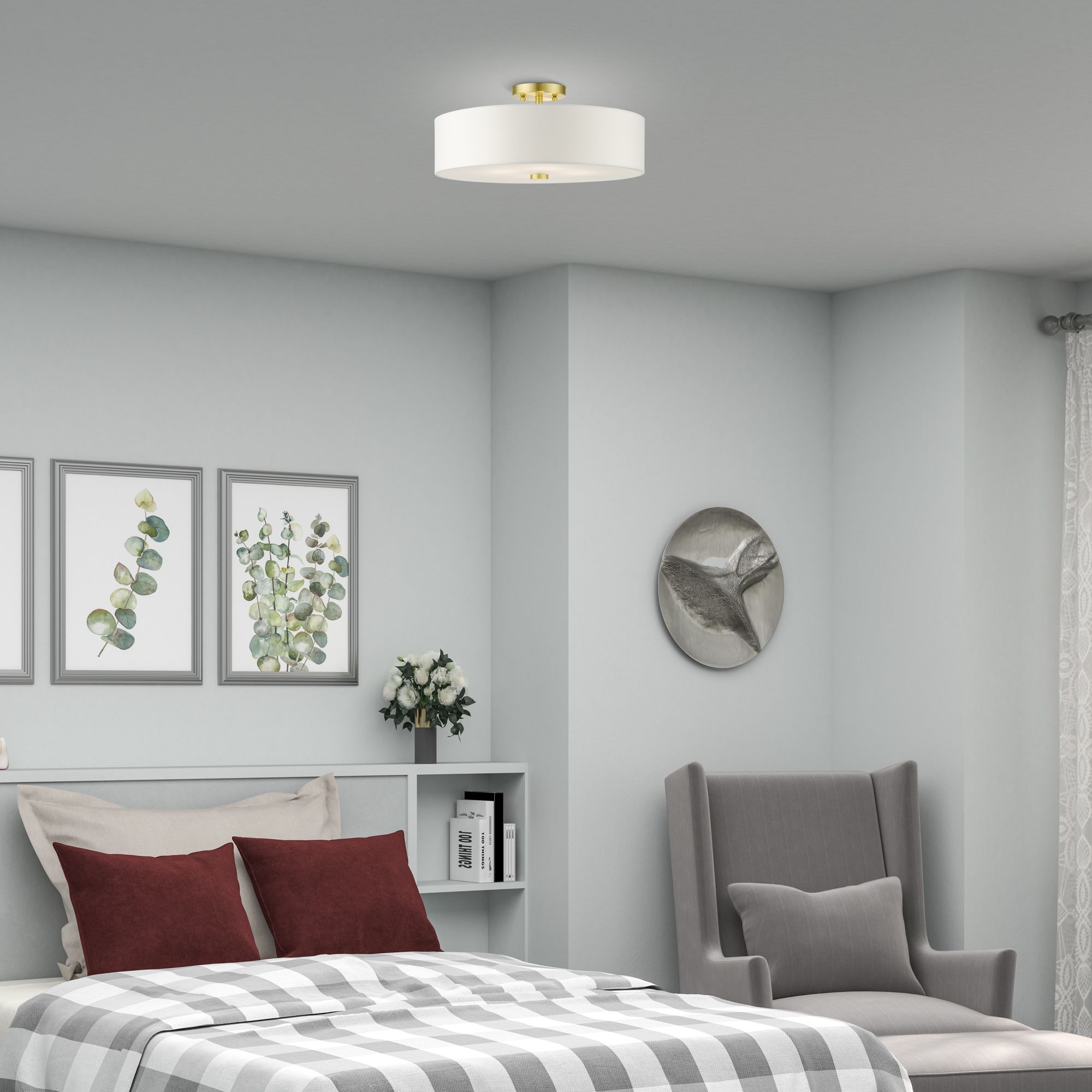 Meridian 18" Wide Satin Brass Drum Ceiling Light in scene