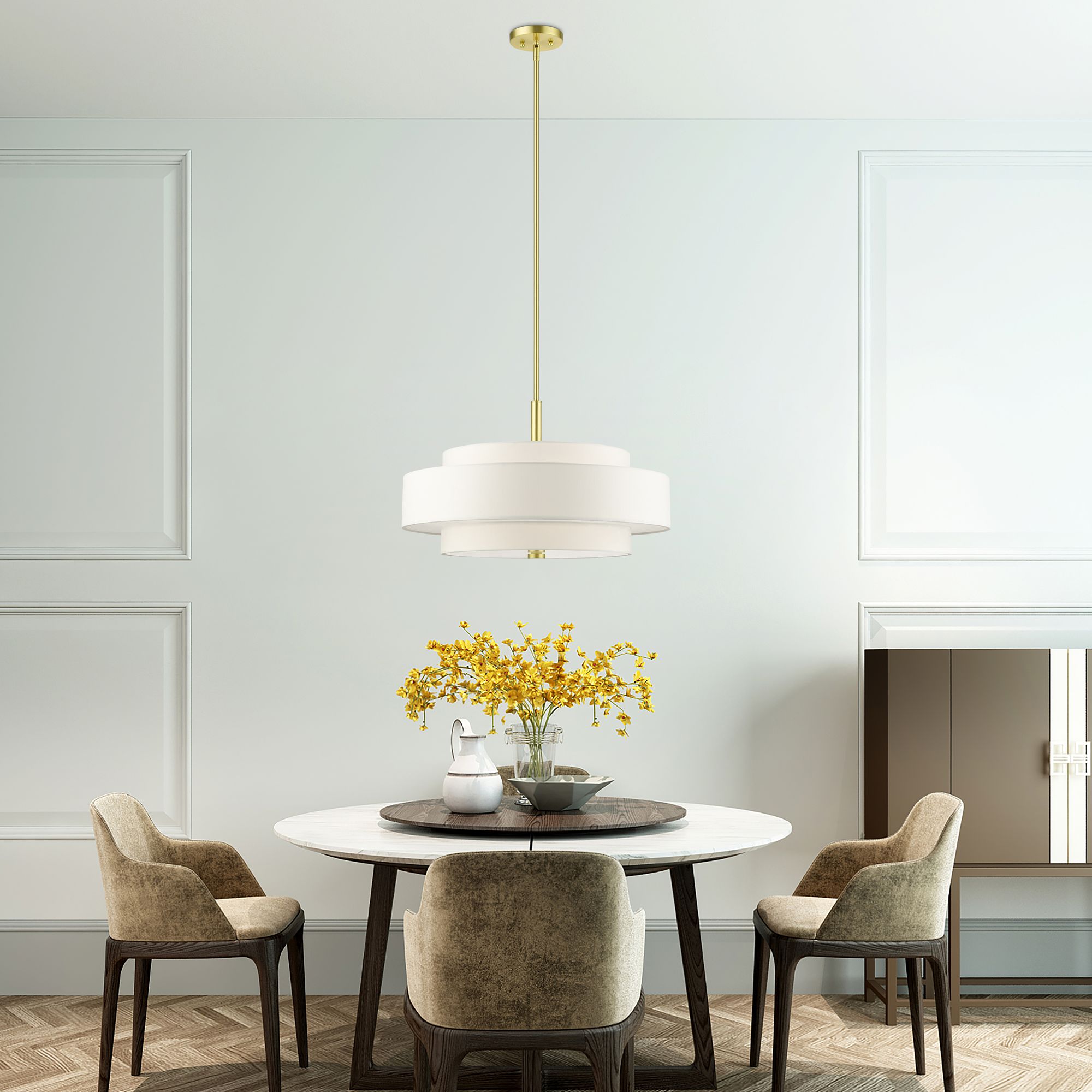 Meridian 24" Wide Satin Brass 3-Tier Drum Chandelier in scene