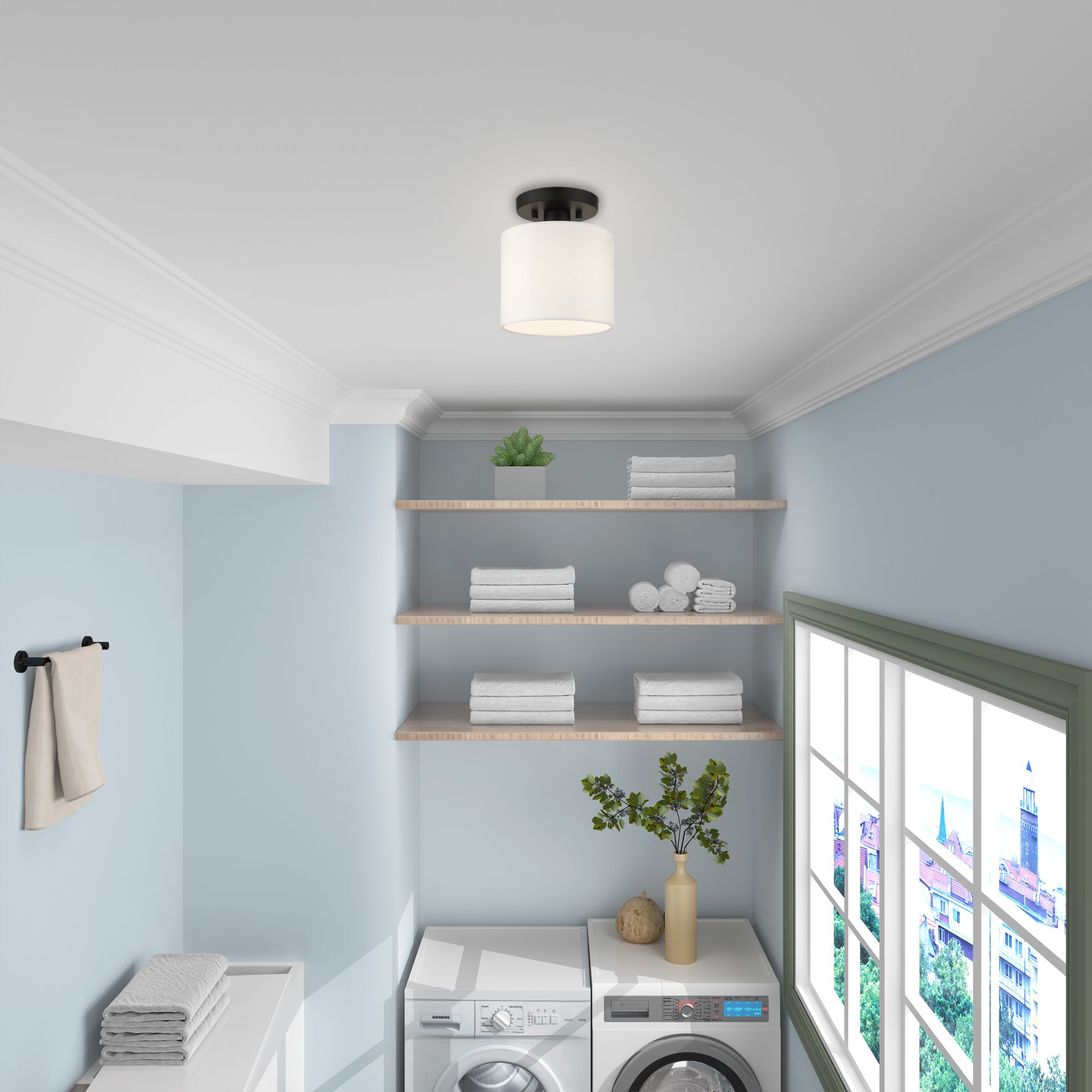 Meridian 7" Wide Black Drum Ceiling Light in scene