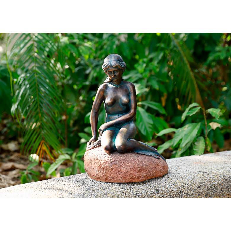 Image 6 Mermaid 15 inch High Bronze Statue with Solar LED Spotlight more views