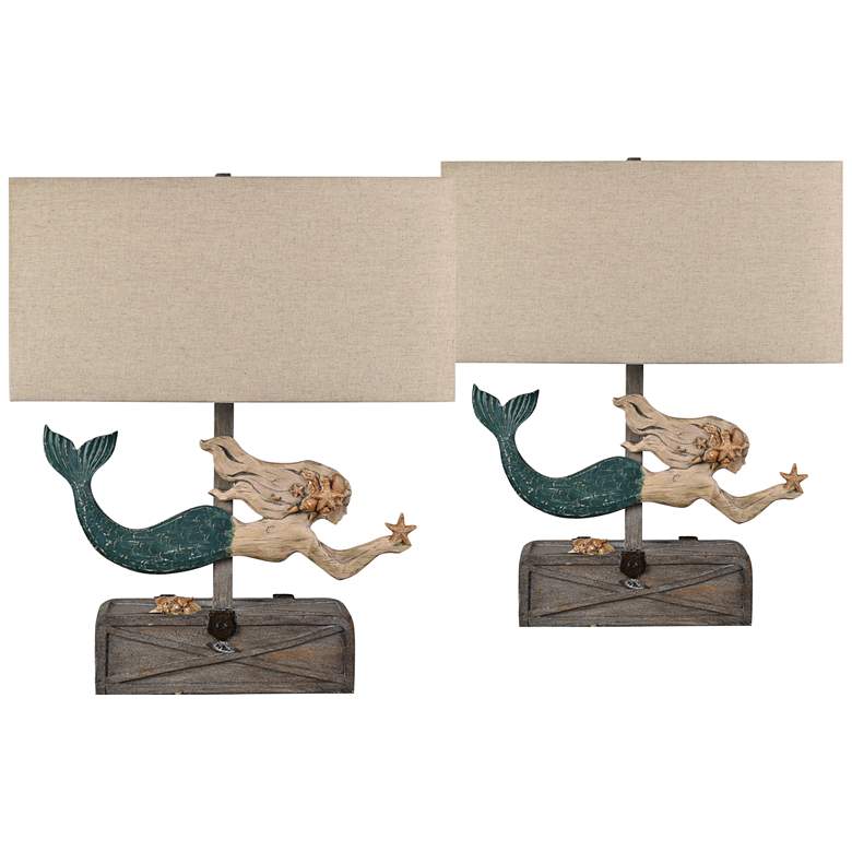 Image 1 Mermaid Treasure Nautical Blue and Wood Table Lamps Set of 2