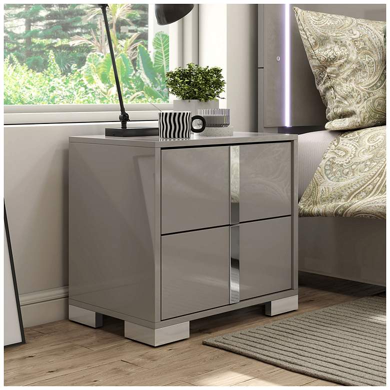 Image 2 Mesala Glossy Light Taupe 2-Drawer Nightstand with Chrome Accents more views