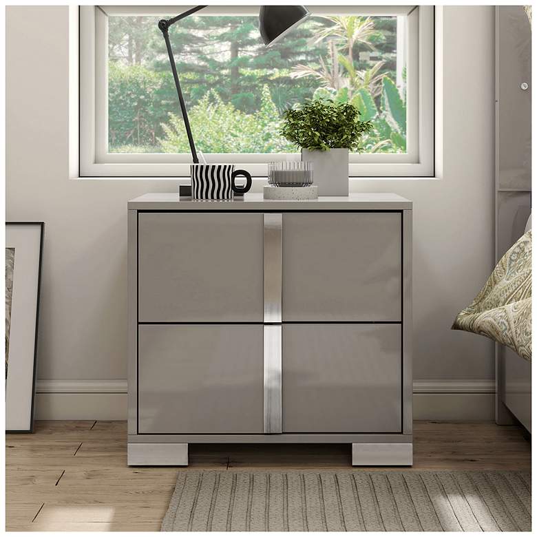 Image 3 Mesala Glossy Light Taupe 2-Drawer Nightstand with Chrome Accents more views