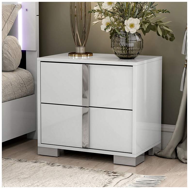 Image 2 Mesala Glossy White 2-Drawer Nightstand with Chrome Accents more views