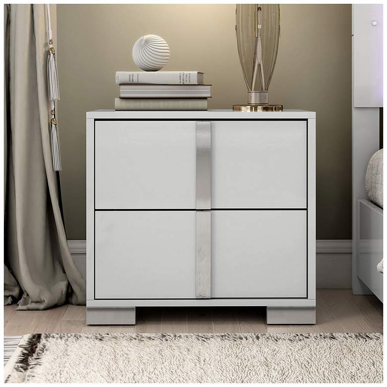 Image 3 Mesala Glossy White 2-Drawer Nightstand with Chrome Accents more views