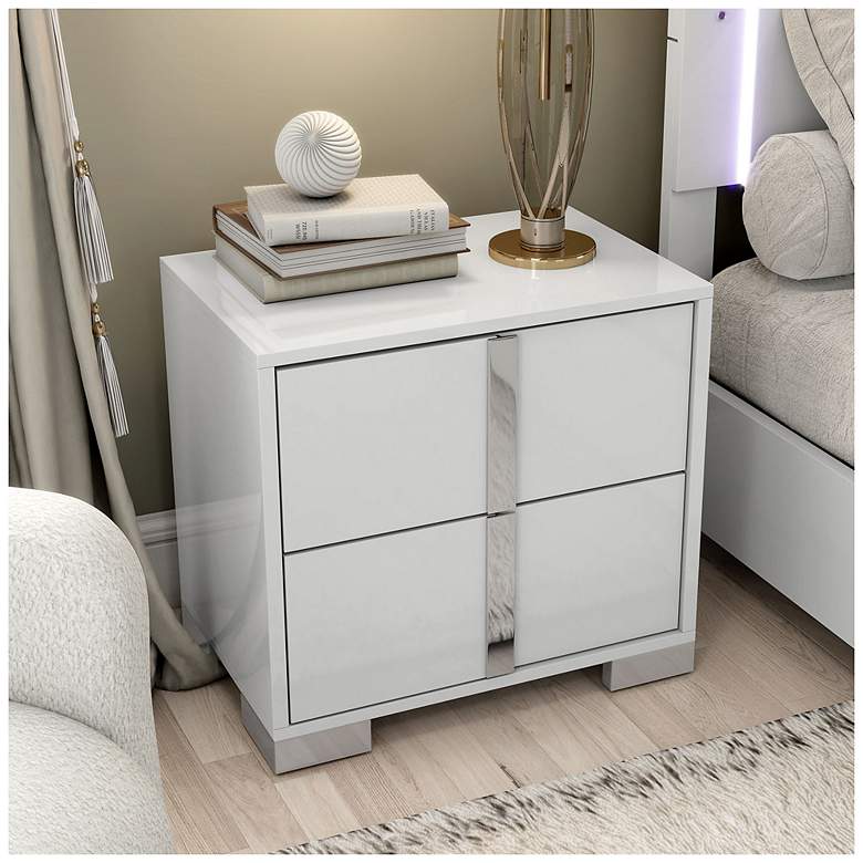 Image 4 Mesala Glossy White 2-Drawer Nightstand with Chrome Accents more views