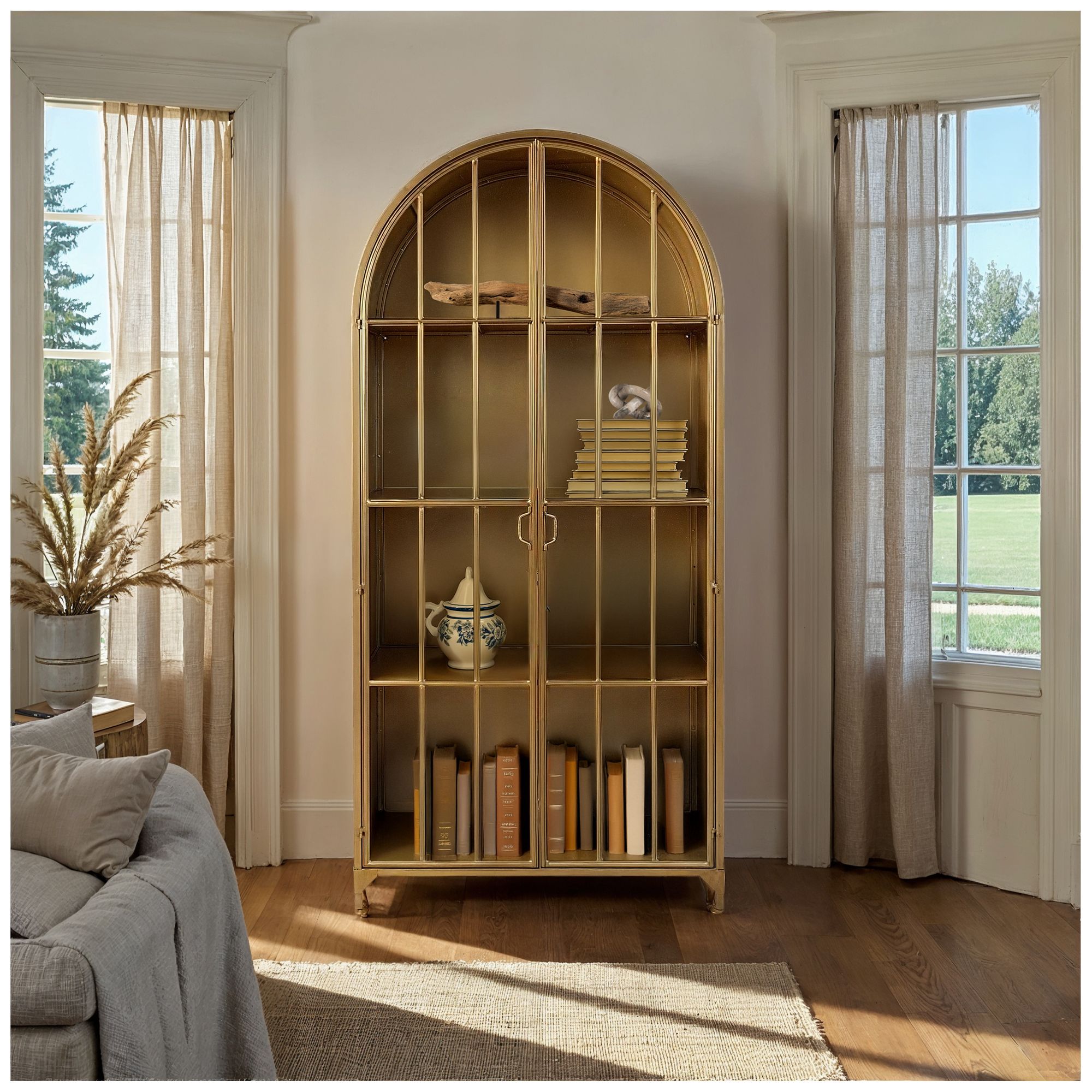 Thumbnail2 of Metal and Glass Cabinet with Arched Doors and 3 Shelves, Gold more views