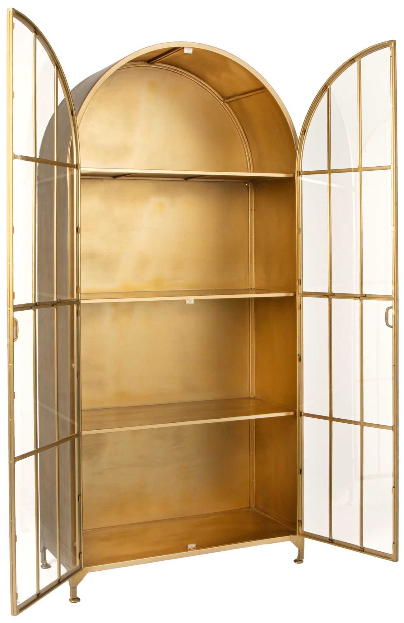 Metal and Glass Cabinet with Arched Doors and 3 Shelves, Gold