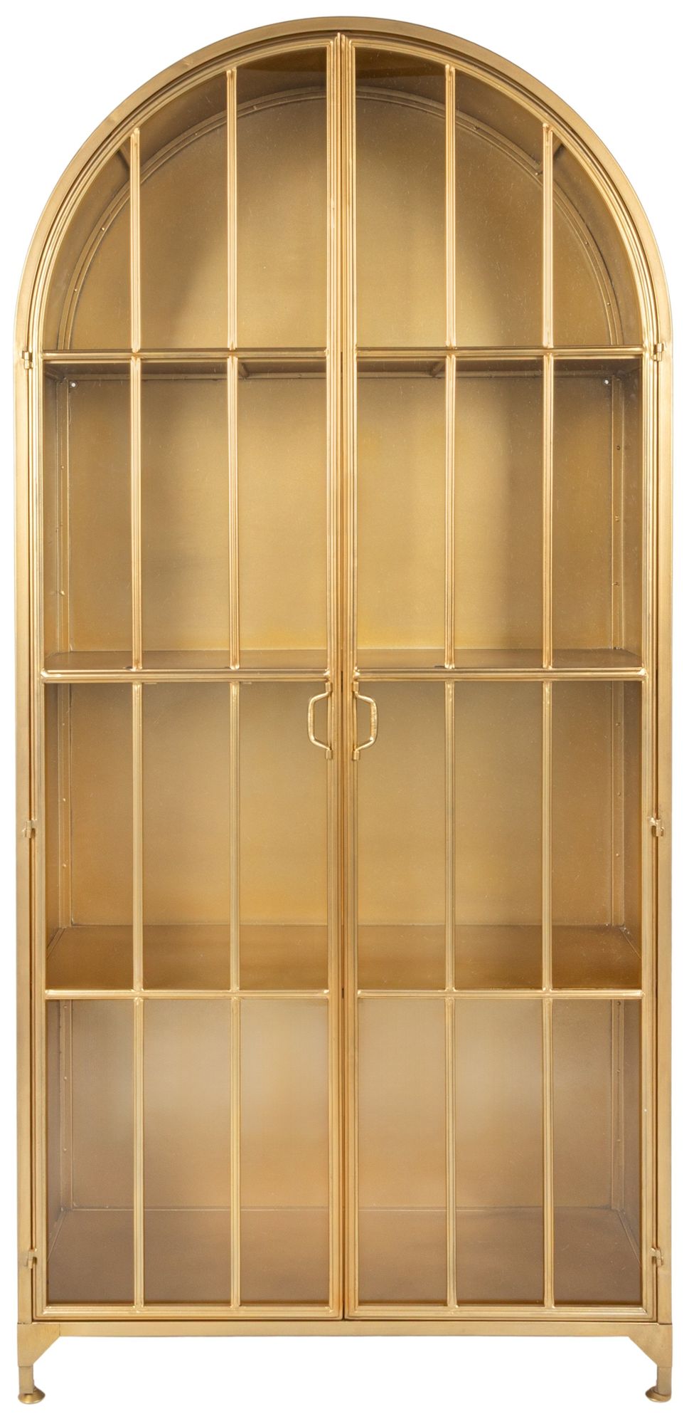 Metal and Glass Cabinet with Arched Doors and 3 Shelves, Gold