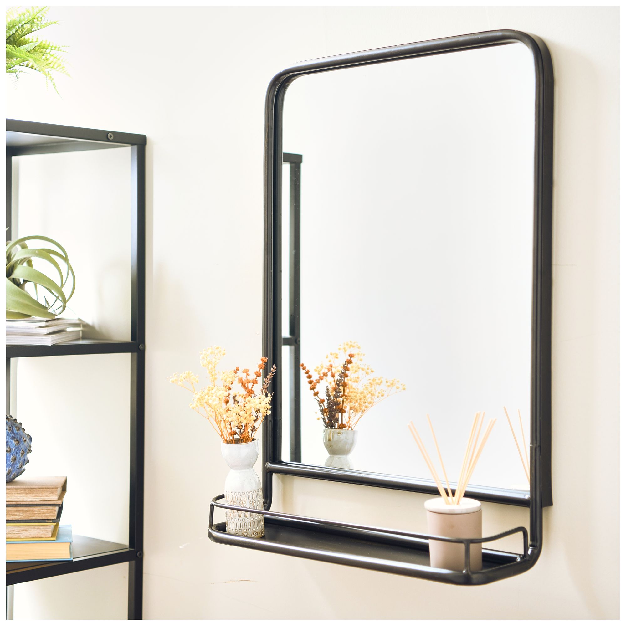 Metal Framed Rectangle Wall Mirror with Shelf, Black