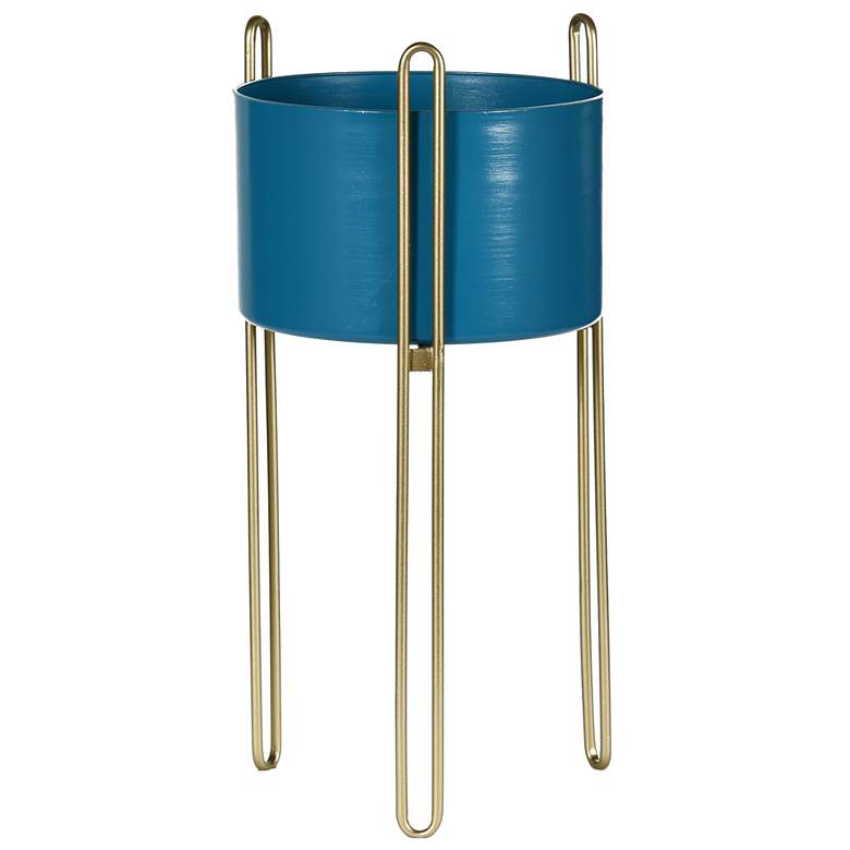 Image 1 Metal Planter - Galvanized Blue with Gold Finish