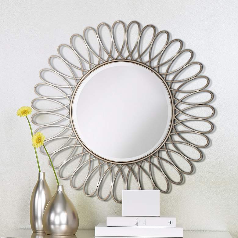 Image 1 Metal Silver Petal 37 1/2” Round Wall Mirror