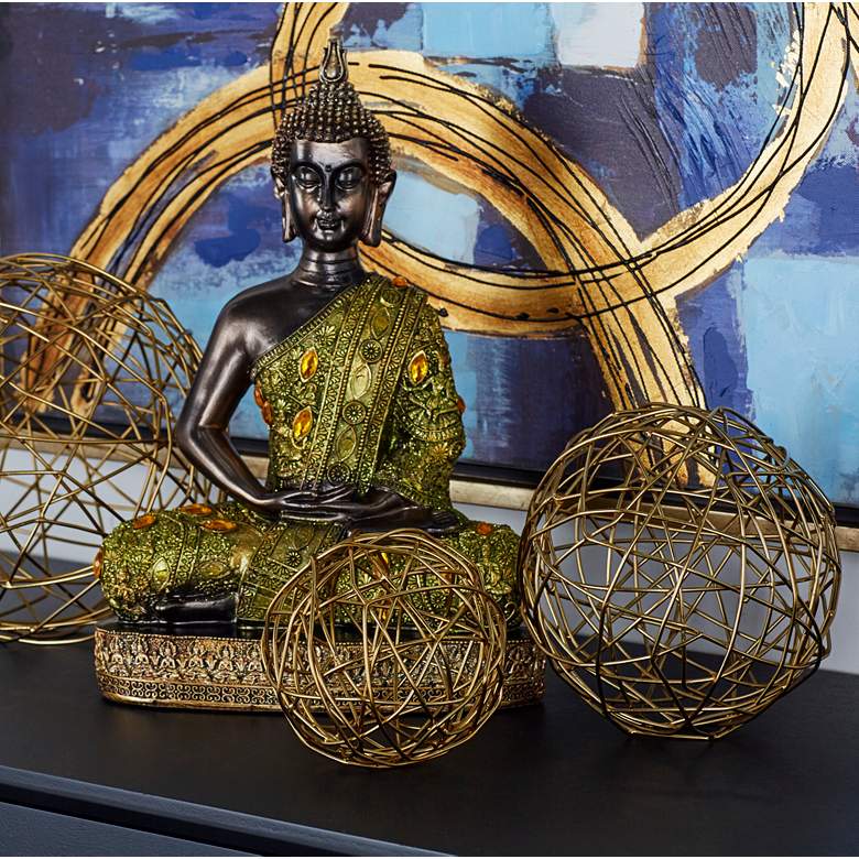 Image 1 Metallic Gold 8" Wide Geometric Sphere Sculptures Set of 3