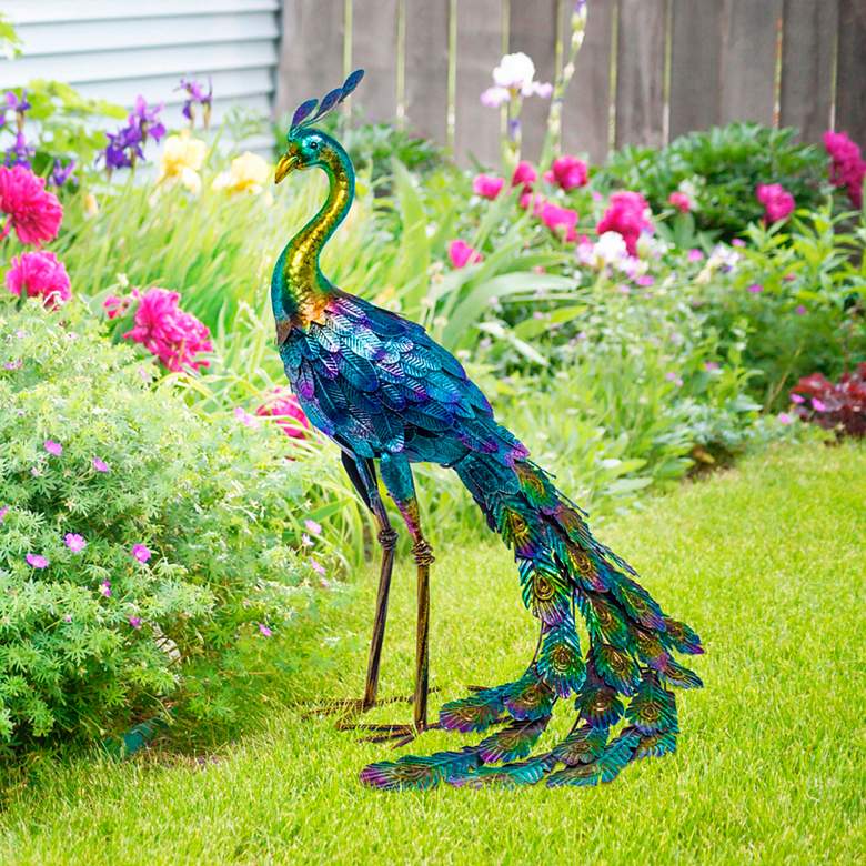 Image 1 Metallic Peacock 27 inch High Outdoor Garden Statue