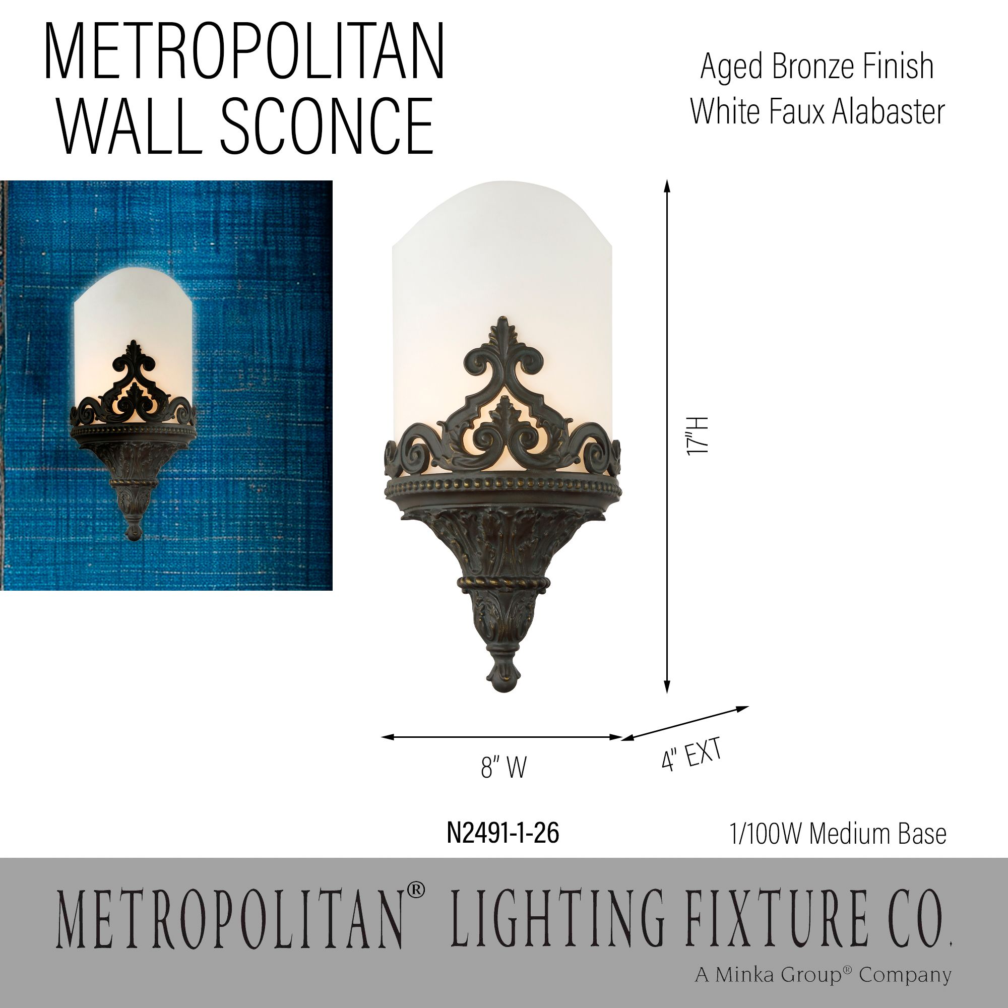 Image 3 Metropolitan 1-Light Aged Bronze Wall Sconce with White Alabaster Shade more views