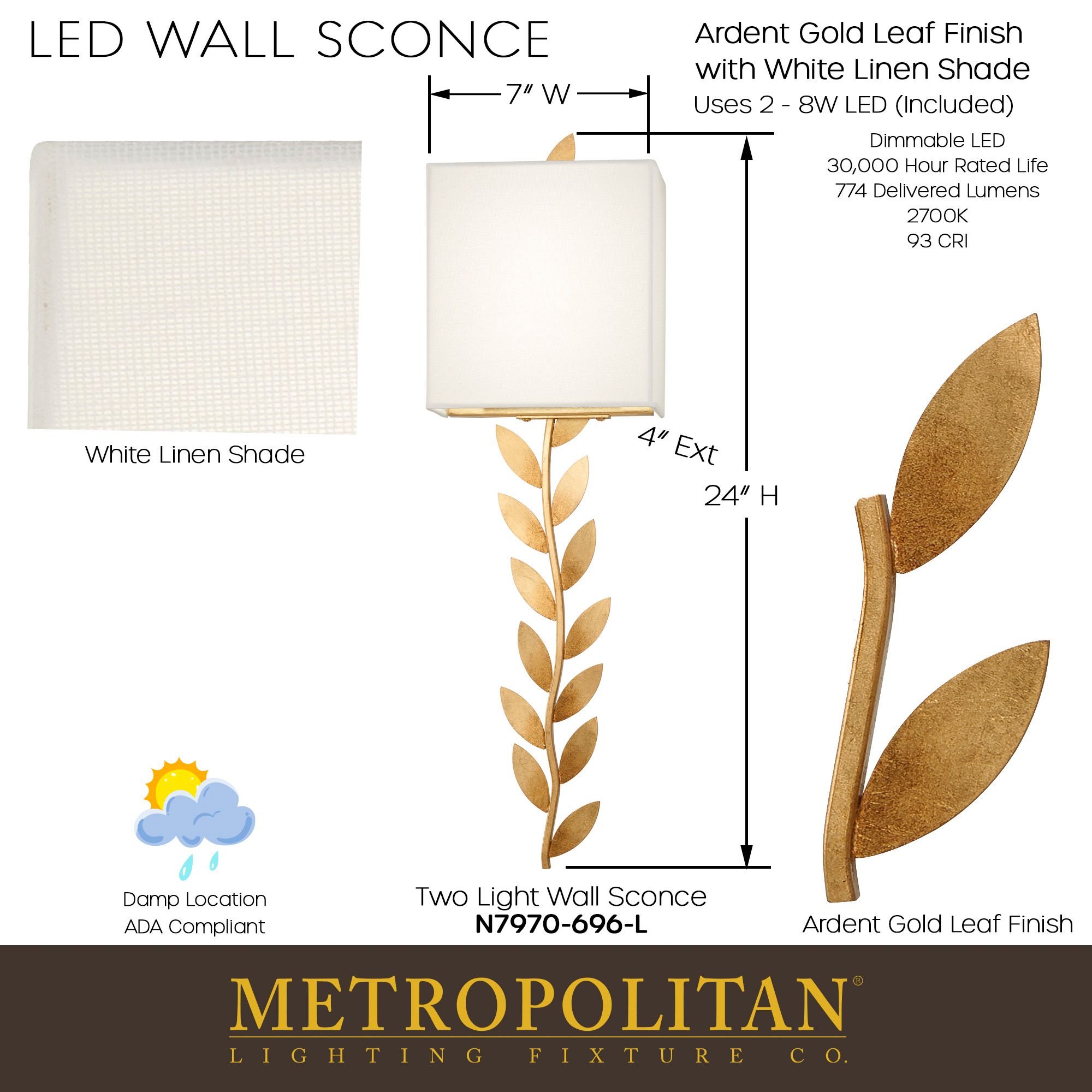 Image 5 Metropolitan Arbor Grove LED Ardent Gold Leaf Wall Sconce with Linen Shade more views